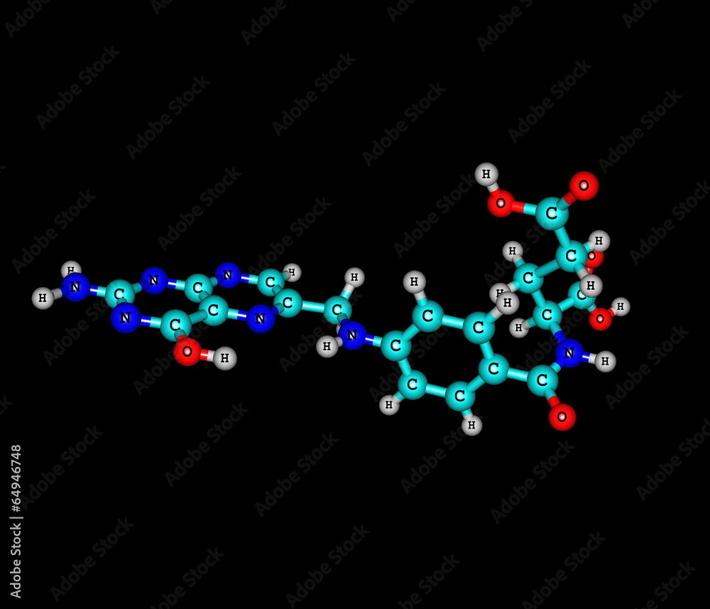 Folic acid (vitamin M, vitamin B9) molecular structure on black Folic acid (vitamin M, vitamin B9) molecular structure on black