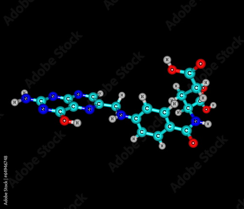 Folic acid (vitamin M, vitamin B9) molecular structure on black