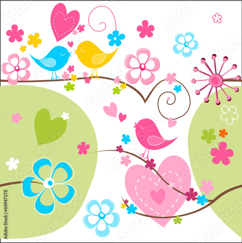 Fototapeta Naklejka Na Ścianę i Meble -  Whimsical seamless background with cute birds flowers and hearts