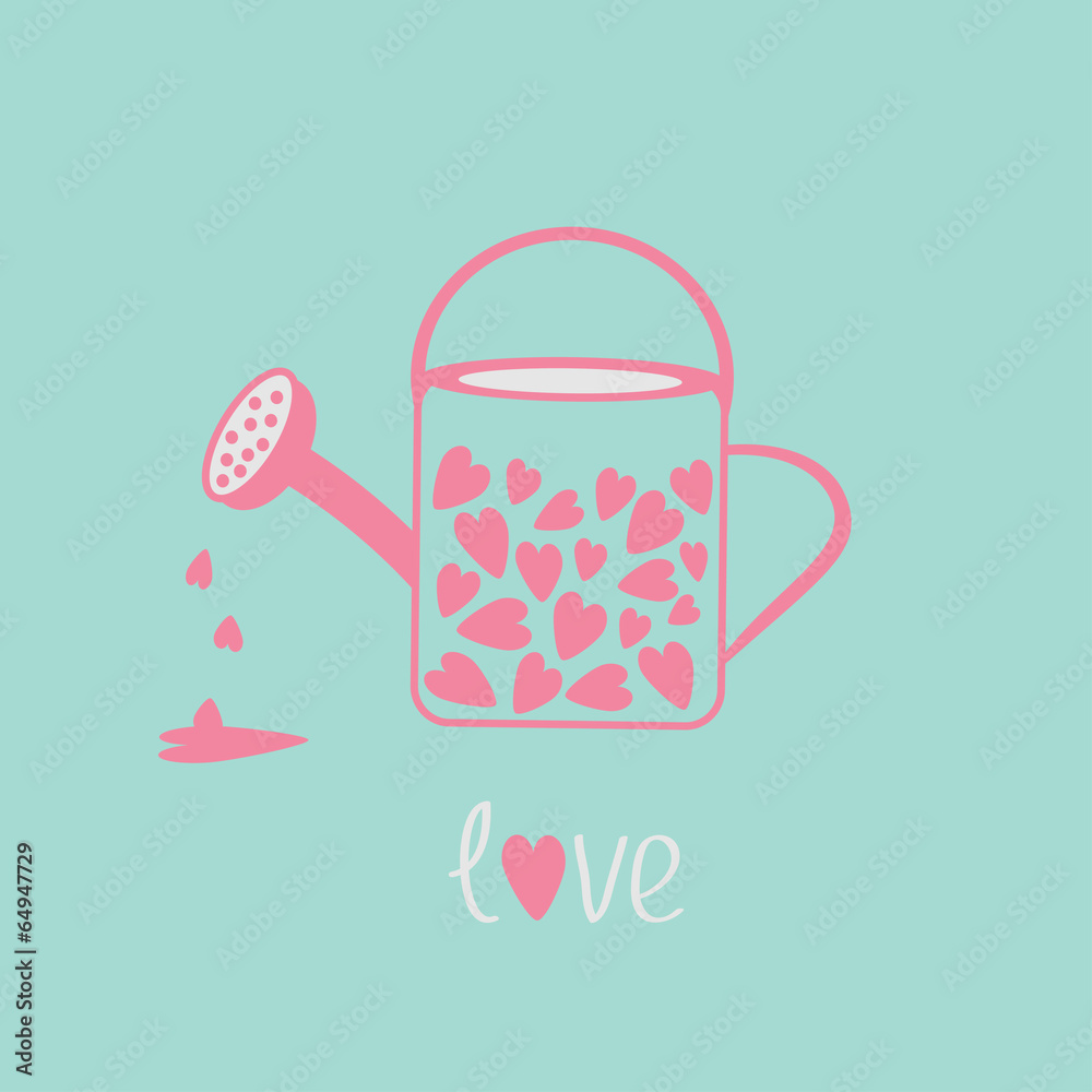 Love watering can with hearts inside. Pink and blue. Card