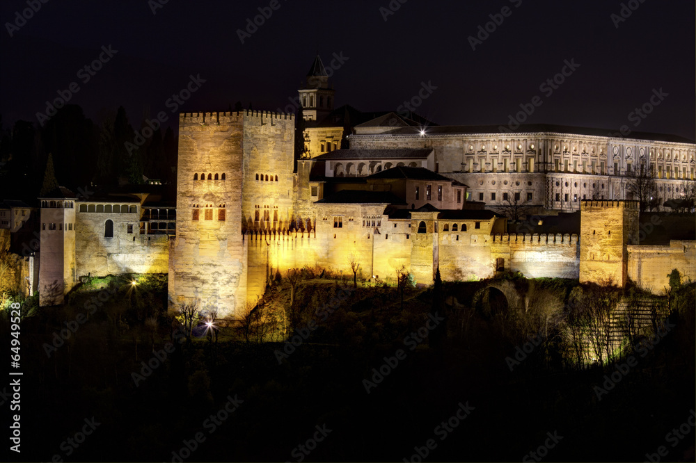 Comares Tower of the Alhambra in Granda, Spain at night