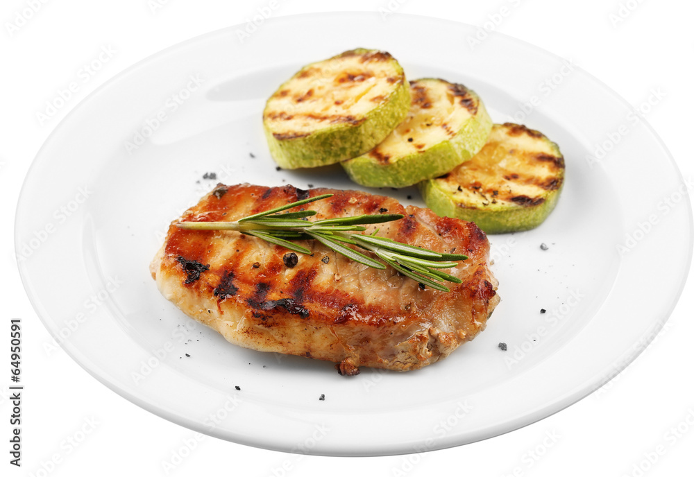 Grilled steak and grilled vegetables isolated on white Grilled steak and grilled vegetables isolated on white