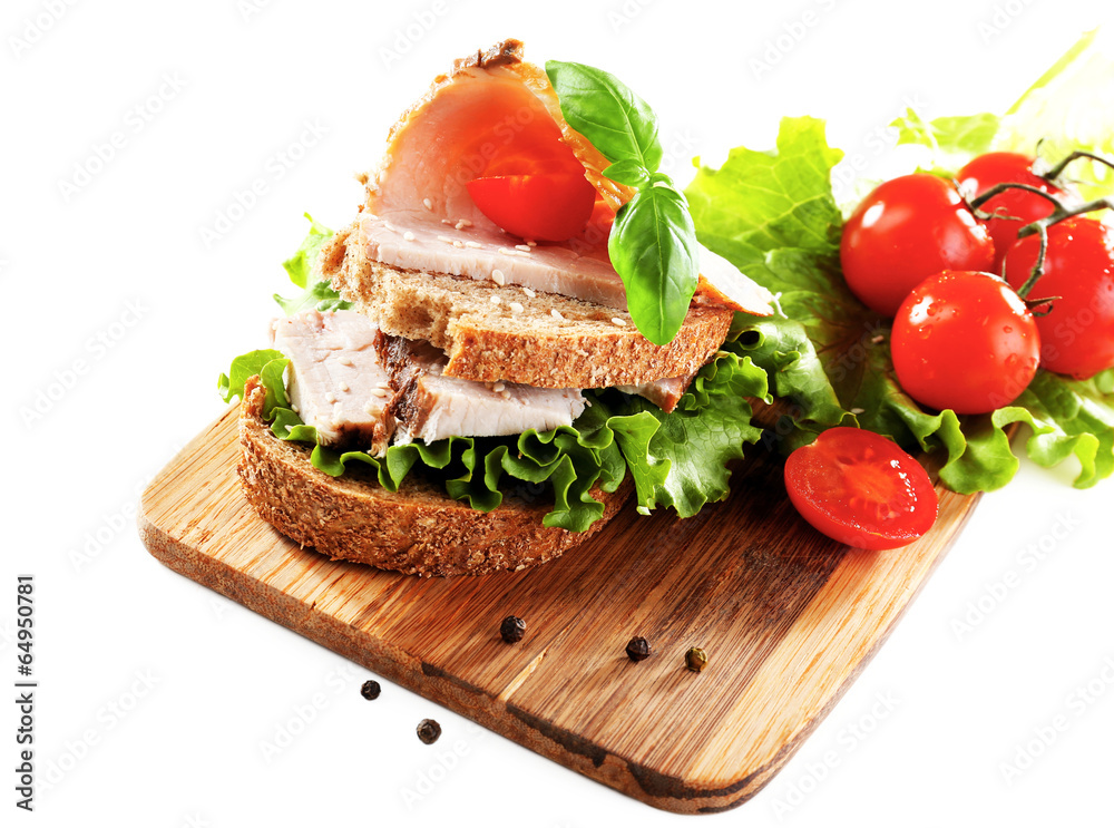 Delicious sandwiches with meet isolated on white