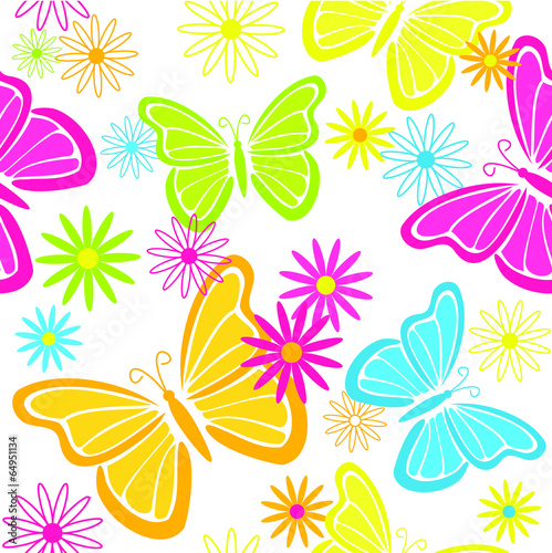 Colorful butterflies and flowers seamless background