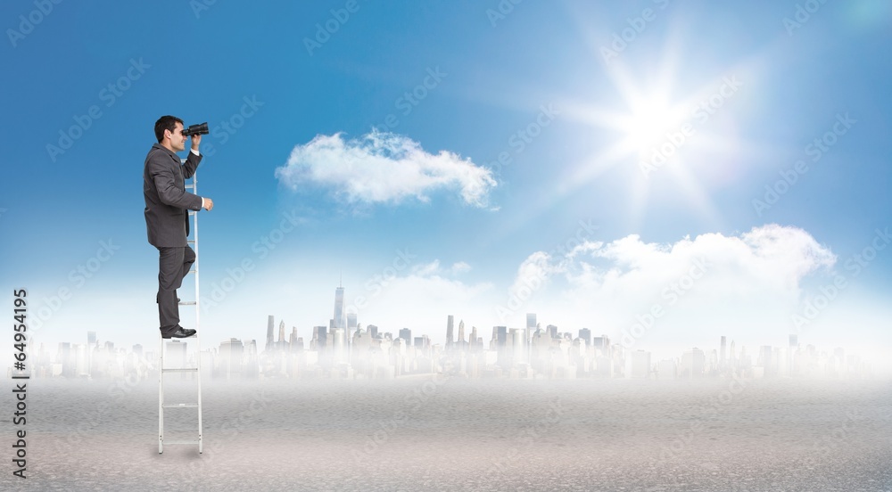 Composite image of businessman standing on ladder Composite image of businessman standing on ladder