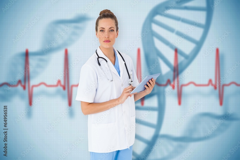 Composite image of pretty nurse using tablet pc Composite image of pretty nurse using tablet pc