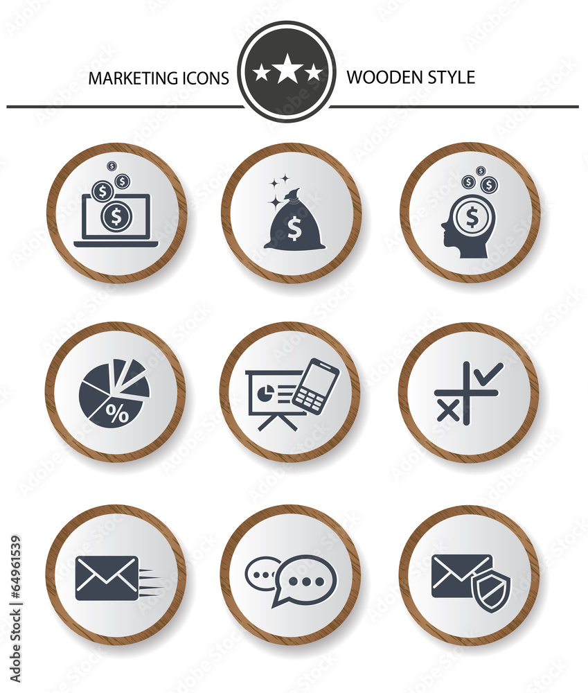 Marketing buttons,Wood style on white background