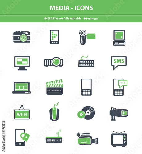 Media icons on white background,Green version,vector