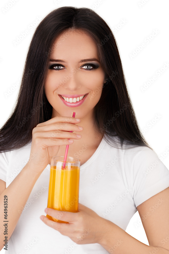 Girl Drinking Orange Juice in White T-Shirt Girl Drinking Orange Juice in White T-Shirt