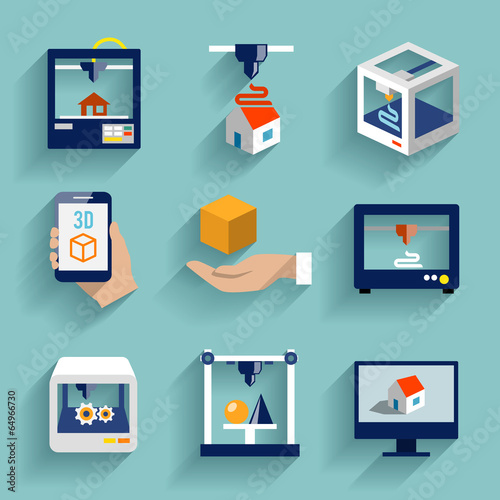 Printer 3d icons set flat