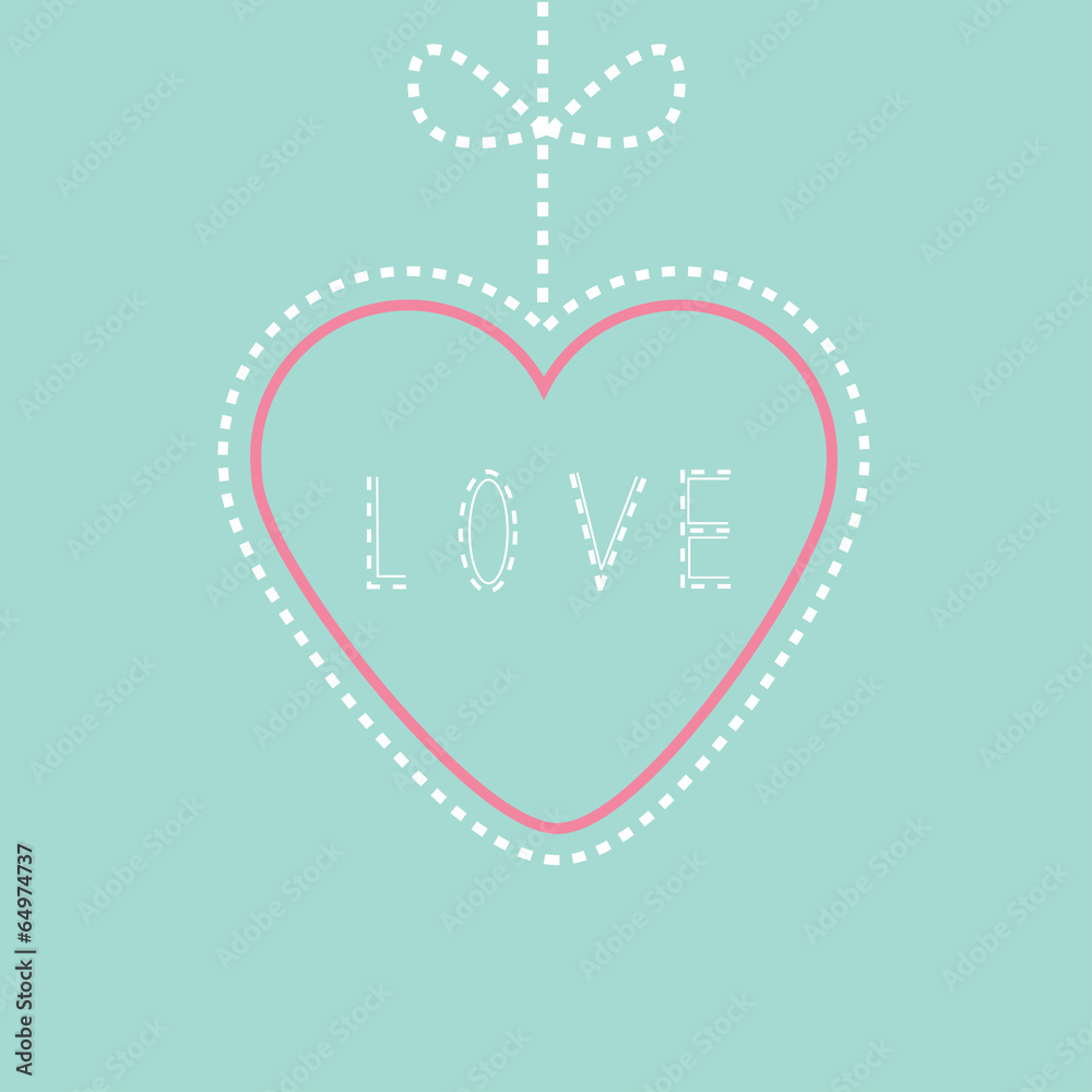 Hanging pink and blue heart with bow. Love card.