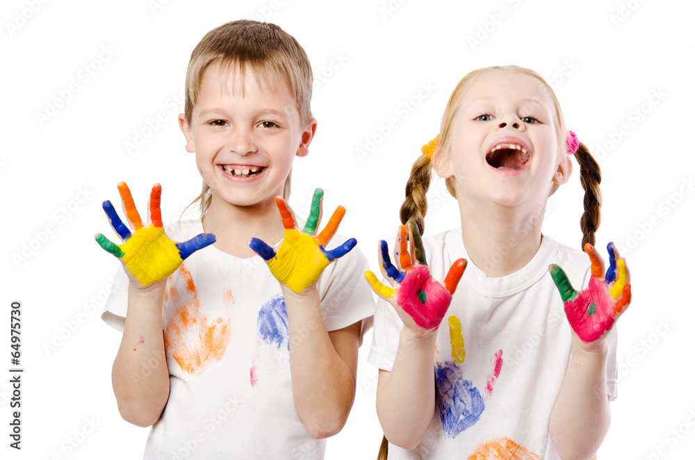 happy smiling children showing their hands painted in bright col happy smiling children showing their hands painted in bright col