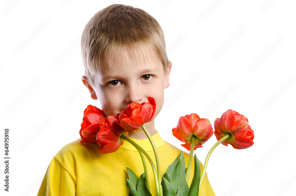 Boy with a bouquet of red tulips Boy with a bouquet of red tulips