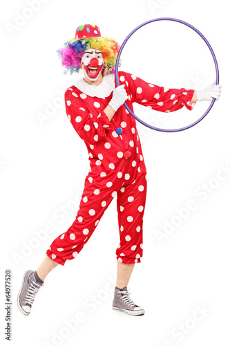 Male clown holding a hula hoop
