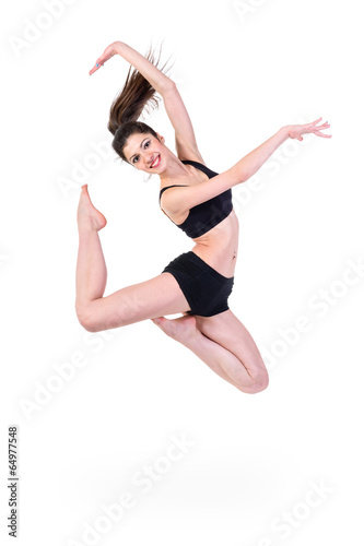 ballet dancer. happy woman jumping, isolated on white