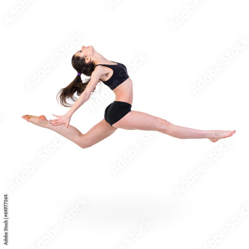 ballet dancer. happy woman jumping, isolated on white