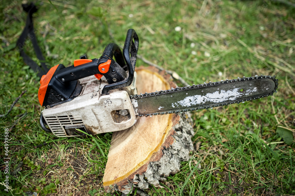 professional chainsaw on pile of fresh cut wood or timber