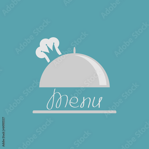 Silver platter cloche with chef  hat crown. Menu cover.