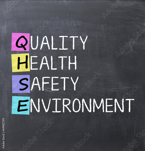 Quality health safety and environment text on blackboard