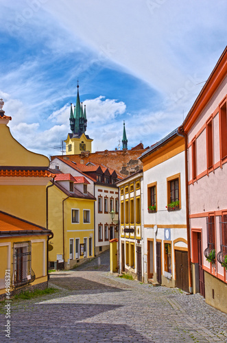 Street and historic buildings in Pribram city in Czech Republic