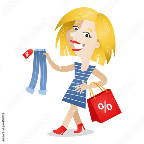 Happy woman shopping clothes, discount, shopping bag