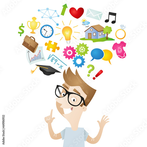 Young man, symbols, hopes, dreams, wishes, icons