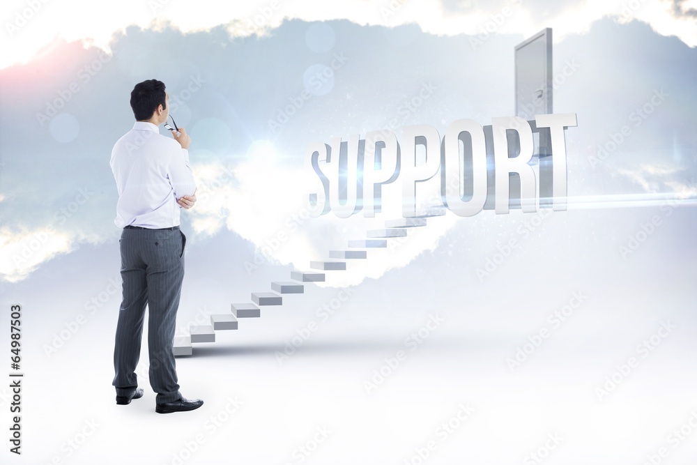 Support against white steps leading to closed door Support against white steps leading to closed door