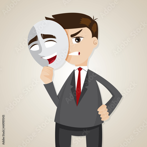 cartoon angry businessman under happy mask