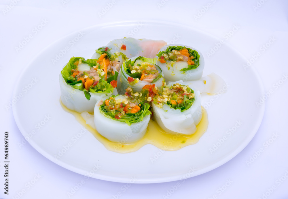 Spicy fresh noodle spring roll in thailand style. Spicy fresh noodle spring roll in thailand style.
