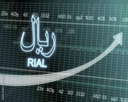 Rial symbol on stock market graph