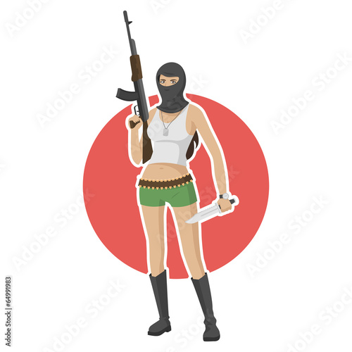 Girl in mask holds in hands weapon photo