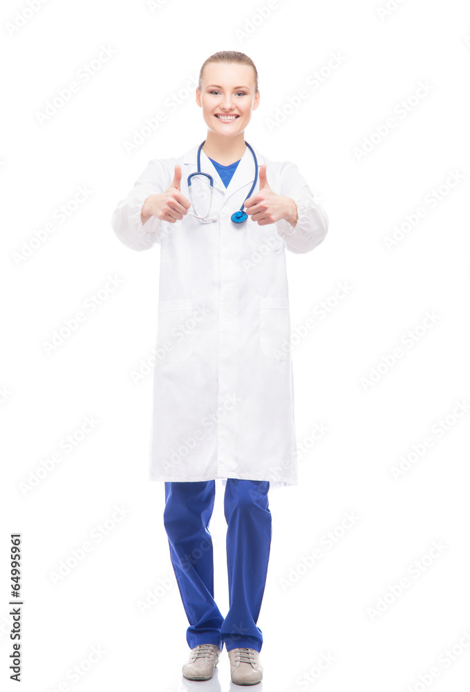 Young, professional and cheerful female doctor isolated on white Young, professional and cheerful female doctor isolated on white