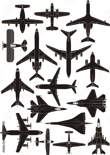 air plane over view silhouettes set