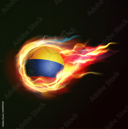 Colombia flag with flying soccer ball on fire isolated