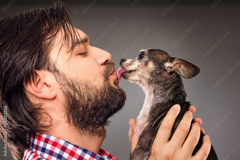 Closeup of handsome young man holding a cute chihuahua dog