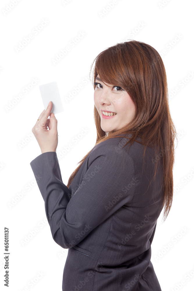 Side view of Asian Businesswoman show a blank card Side view of Asian Businesswoman show a blank card