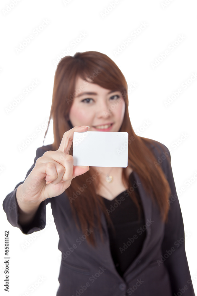 Asian Businesswoman show a blank card focus on the card Asian Businesswoman show a blank card focus on the card