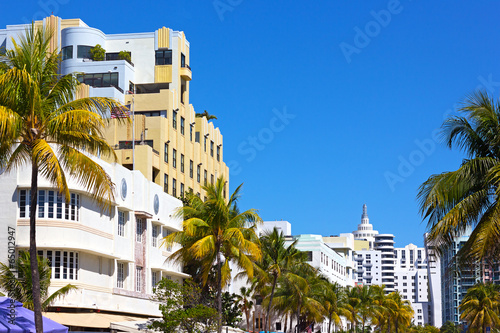 Street of Miami Beach. Art deco architecture in daylight.
