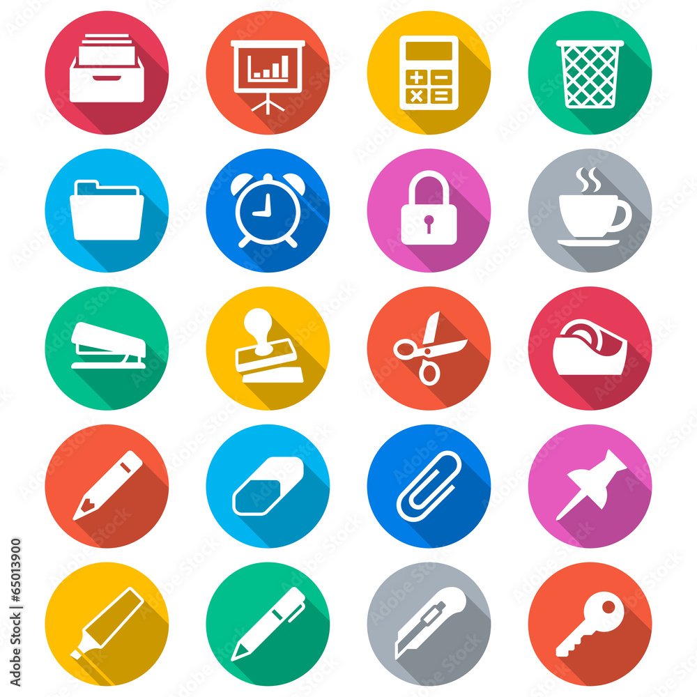 Office supplies flat color icons Office supplies flat color icons