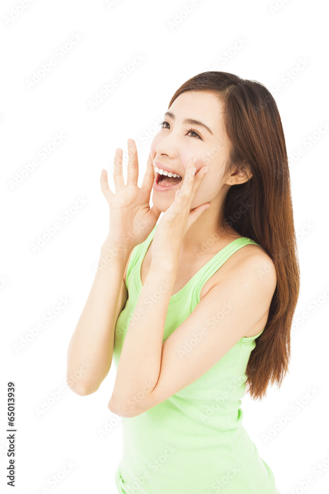 beautiful woman yelling happily isolated on a white background beautiful woman yelling happily isolated on a white background