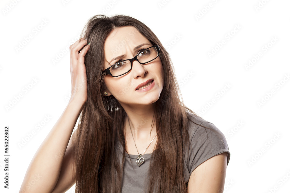 young woman with questionable gesture scrape the hair young woman with questionable gesture scrape the hair