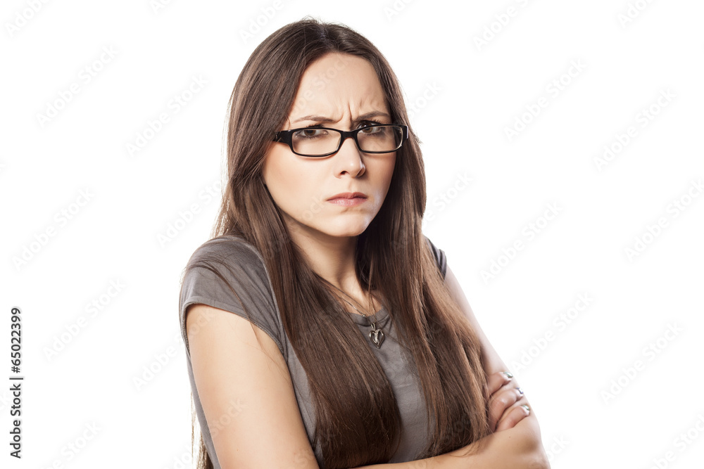 frowning woman with glasses frowning woman with glasses