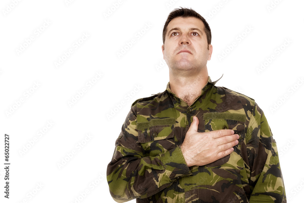 army soldier swear solemnly with hand on heart isolated on white