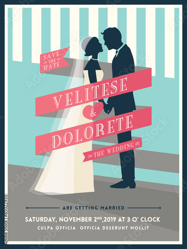 Groom and Bride with ribbon wedding invitation template