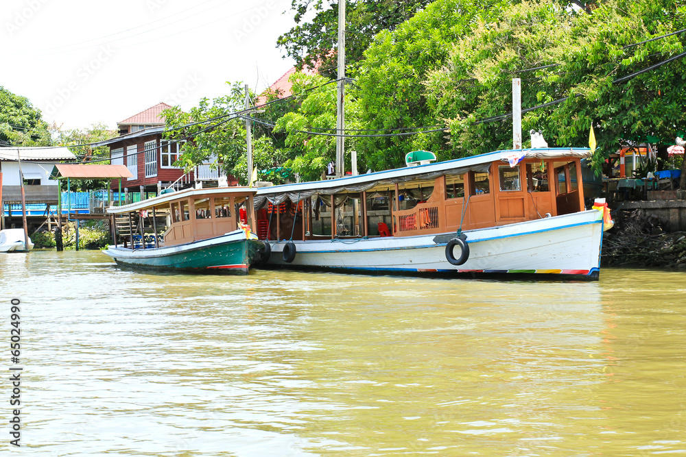 Boats on Chao Phraya river ,Nonthaburi ,Thailand.
