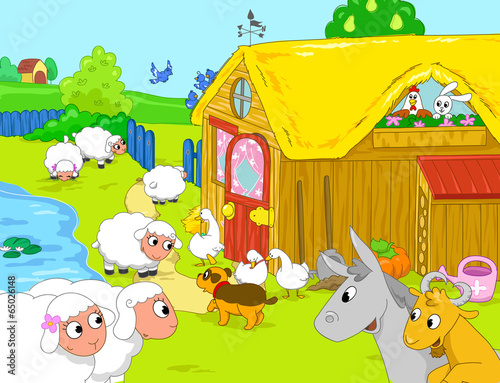 Fototapeta Naklejka Na Ścianę i Meble -  Farm animal playing together, illustration for kids