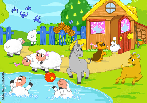 Fototapeta Naklejka Na Ścianę i Meble -  Cartoon farm animals playing together