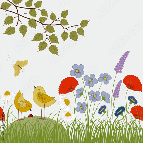 Card with colorful wild flowers and cute birds