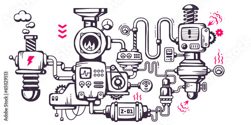 Vector industrial illustration background of the operating mecha