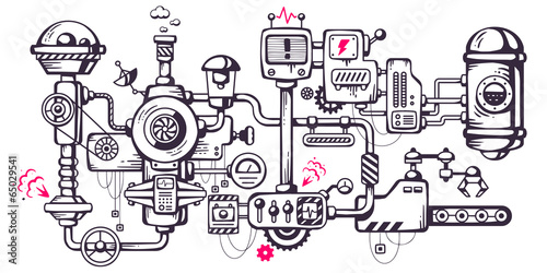 Vector industrial illustration background of the operating mecha